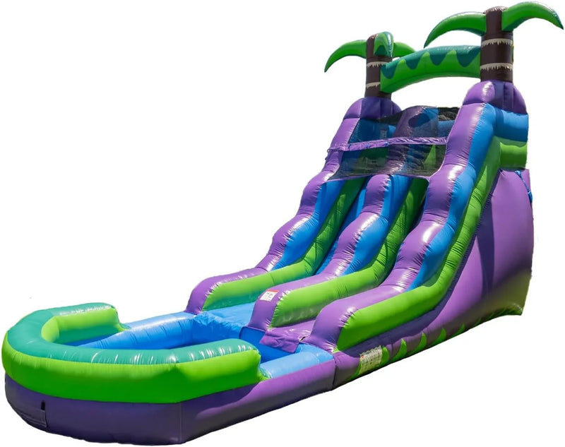 16’ Purple Tropical Lightweight Premium Commercial Grade Water Slide Inflatable with Attached Pool for Kids and Adults (with Blower), Wet Dry Use, Summer Fun P2