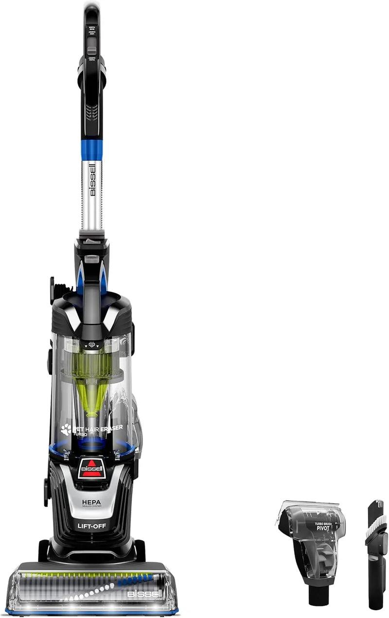 Pet hair remover vacuum cleaner, equipped with an automatic cleaning brush wheel, HEPA filter device, a powerful pet hair collection function with a turbo brush rotating tool, as well as a dust removal brush with lighting and a gap cleaning tool. P2