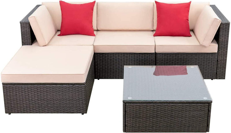 5 Pieces Patio Furniture Sets All Weather Outdoor Sectional Patio Sofa Manual Weaving Wicker Rattan Patio Seating Sofas with Cushion and Glass Table(Beige) Q1
