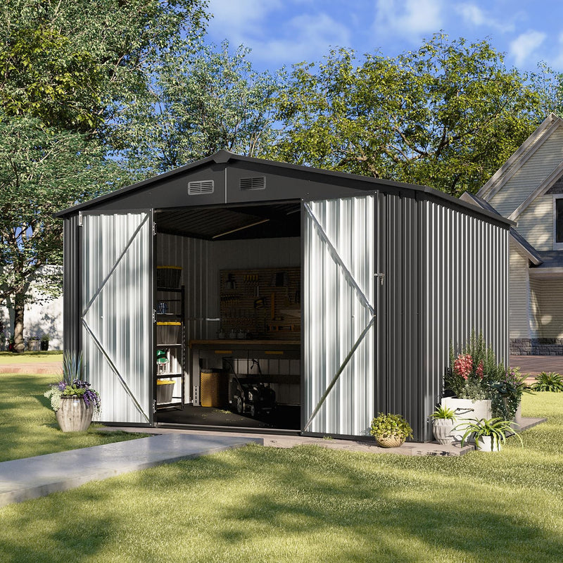 5x2.7 FT Outdoor Metal Storage Shed - Durable Water-Resistant Galvanized Steel, Sloping Roof Design, Lockable Door - Ideal for Tool Storage on Lawn, Patio & Backyard (Black) A5