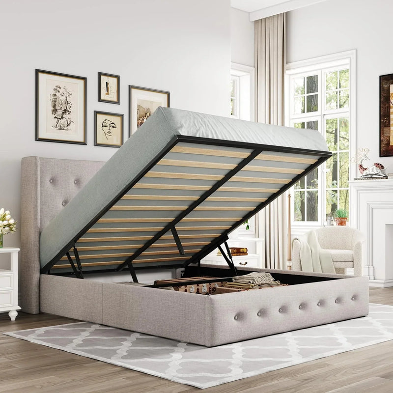 Queen Size Lift Up Storage Bed, Modern Wingback Headboard, Hydraulic Support, No Box Spring Needed, Light Beige F5