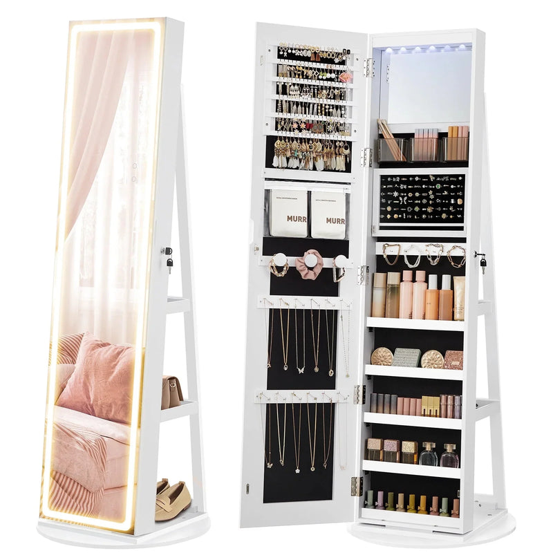 LED Mirror Jewelry Cabinet Standing Jewelry Armoire Organizer Box with Full-Length Mirror and Adjustable LED Lights White Y1