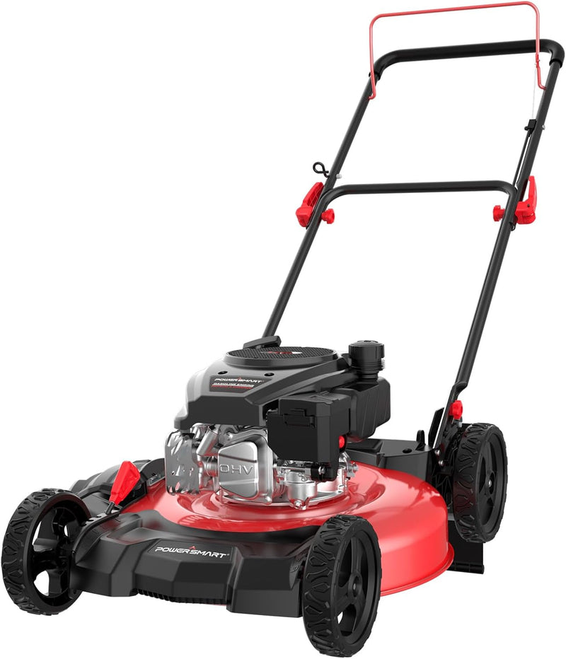 21-inch gas-powered lawn mower, equipped with a 144cc four-stroke all-terrain engine, featuring both crushing and side-discharge functions, with adjustable cutting height ranging from 6 positions. L1