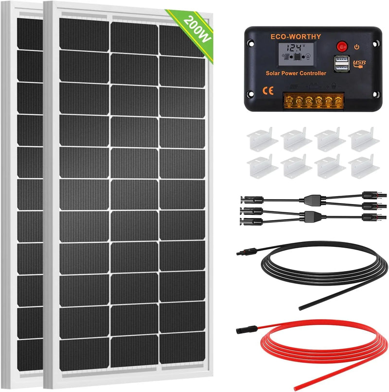 200 Watts 12 Volt/24 Volt Solar Panel Kit with High Efficiency Monocrystalline Solar Panel and 30A PWM Charge Controller for RV, Camper, Vehicle, Caravan and Other Off Grid Applications R0