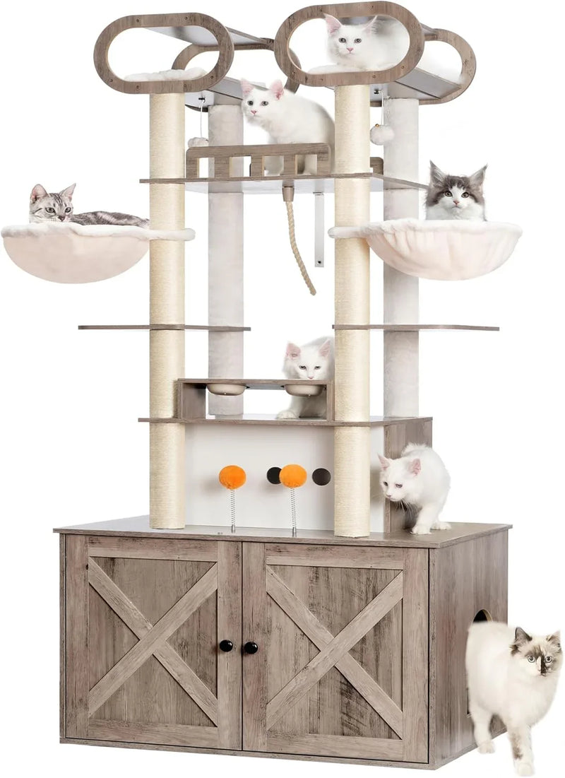 The Habori cat climbing frame with cat litter box storage box, a 76.8-inch wooden Menicos cat tower, equipped with a feeding station and a large platform, modern-style large cat apartment furniture, with a climbing column made of full Nisaal material N6
