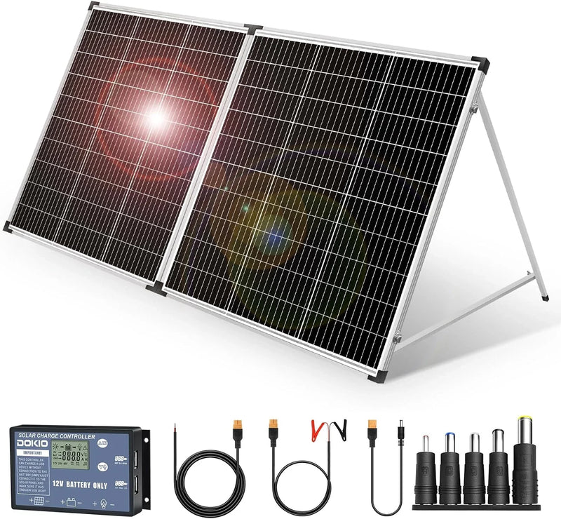 Foldable solar panel - 18-volt monocrystalline silicon type, portable foldable solar suitcase, equipped with a controller, used to charge 12-volt batteries (all lead-acid types: ventilated AGM gel): suitable for RV camping, sailing (200 watts) F2