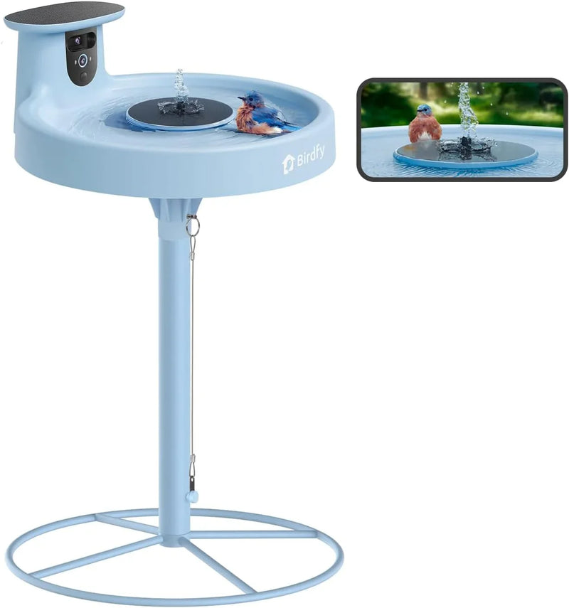 Smart Bird Bath, equipped with a camera, solar power supply, fountain and stand. It features a dual-lens camera for bird observation, automatically captures bird videos and has motion detection functionality. P1