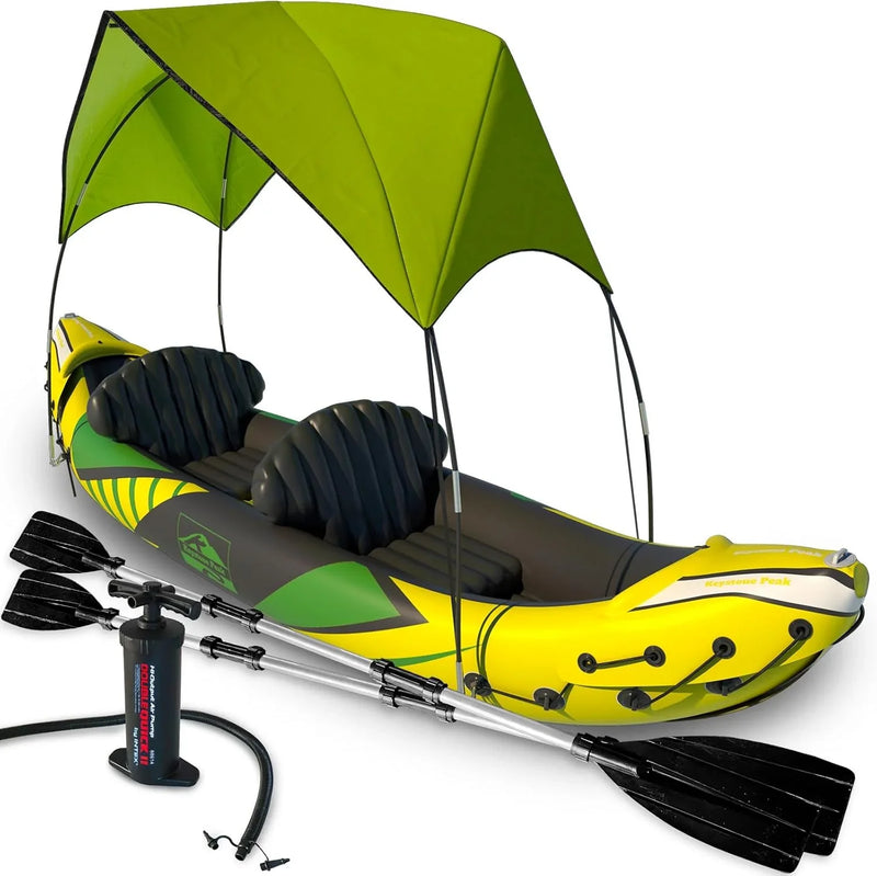 Inflatable Kayak 2 Person with Sun Canopy (Detachable) Kayaks for Adults 3rd Seat for Dog/Child Waterproof Phone Bags Adjustable Seats Kayak Backrests & More New 2024 Yellow Green Q3