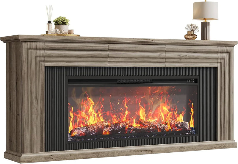 75-inch wall-mounted TV cabinet, rustic modern entertainment center with fireplace, 70-inch media cabinet with 3 drawers, featuring a recessed design, suitable for the living room, black version I8