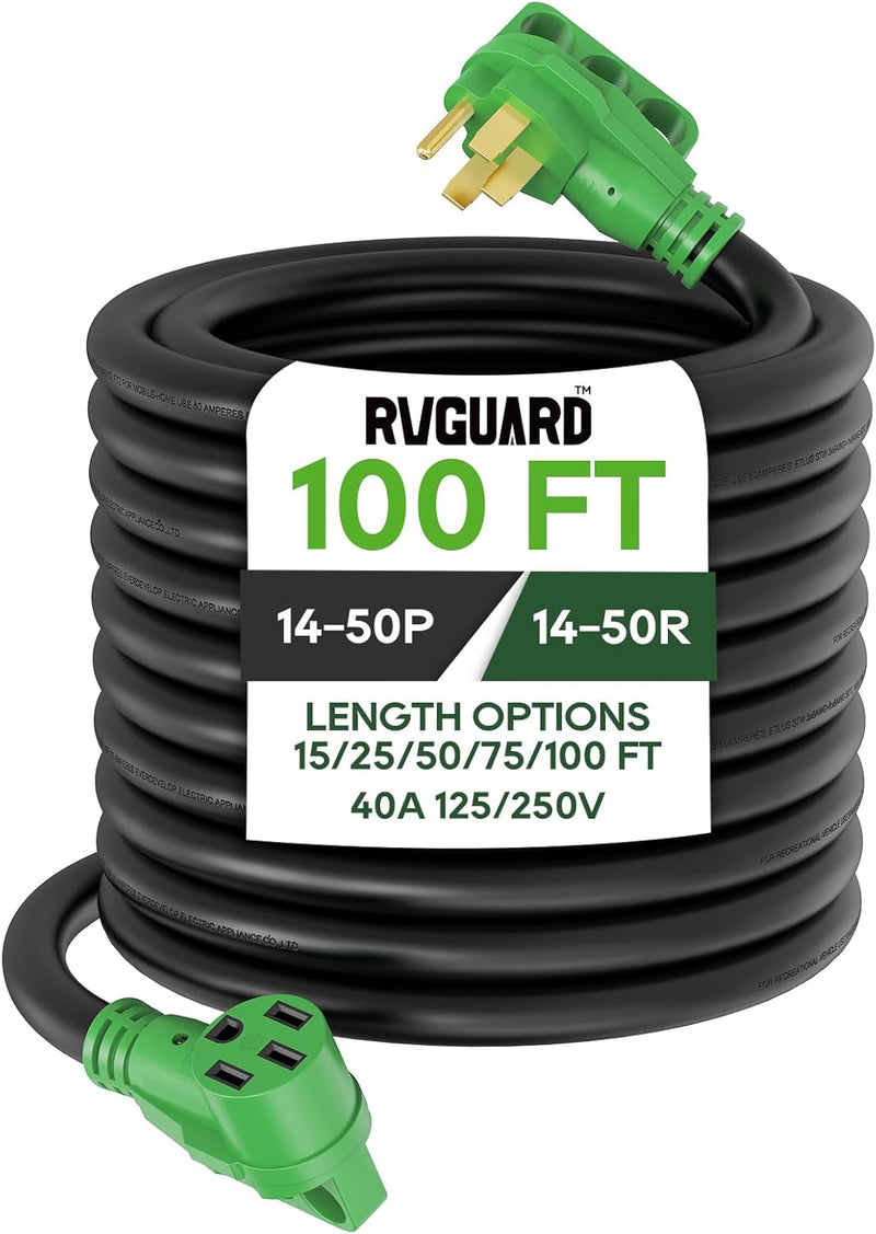 40 Amp 100 Foot RV/EV Extension Cord, NEMA 14-50P/R Heavy Duty Extension Cord with LED Power Indicator and Cord Organizer, Green, J8