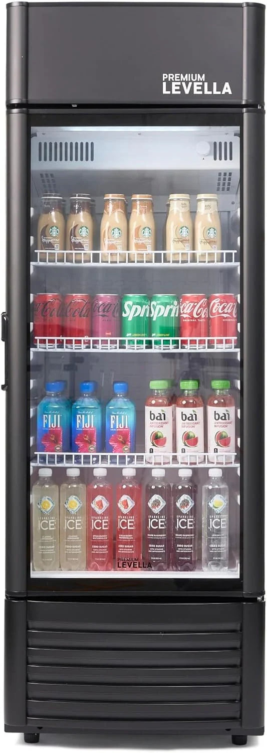 PRF125DX Glass Door Display Refrigerator 12.5 cu ft Commercial Beverage Cooler Merchandiser With Customizable Lightbox - Silver E1