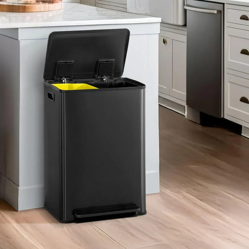 CAPHAUS Dual Trash Can with Double Lid, Trash and Recycle Bins Combo, Hands-free Stainless-Steel Garbage Can for Kitchen, with 2 Compartment, Hinged Lid, Odor Filters, Handles, 25L 25L, 2 x 6.6 Gallon J7