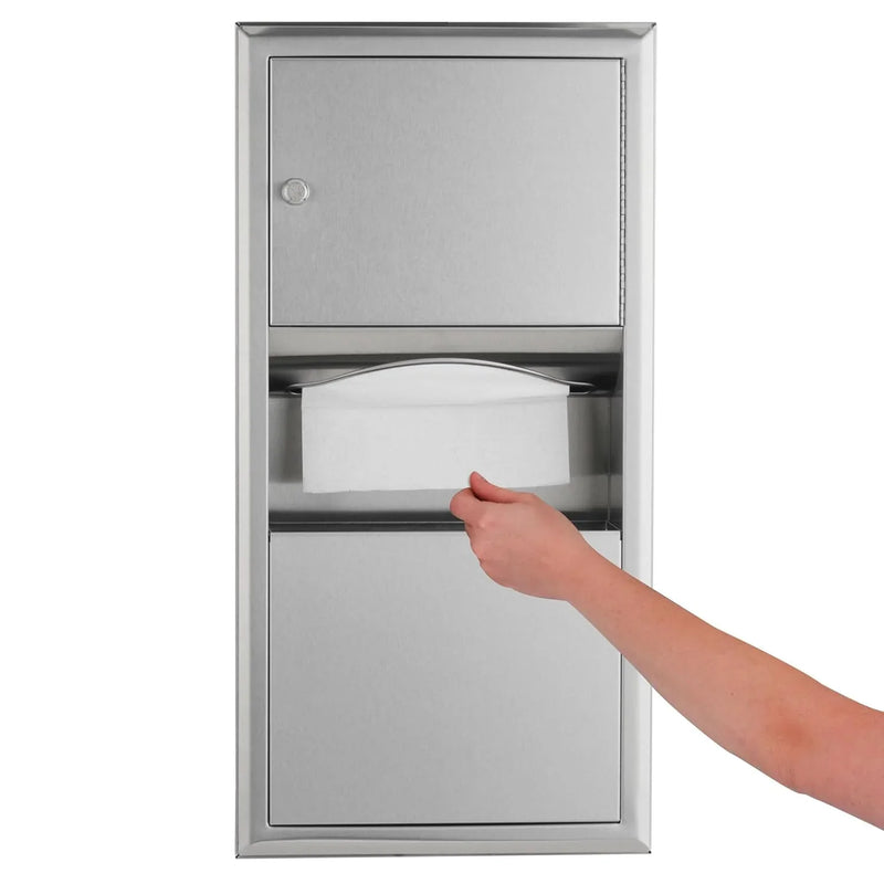 Wall-mounted tissue dispenser and waste paper storage box. Mirror-polished stainless steel material. 2-gallon capacity. Can hold 350 single-layer or 475 multi-layer tissues. Easy to install. Suitable for commercial bathrooms. V5