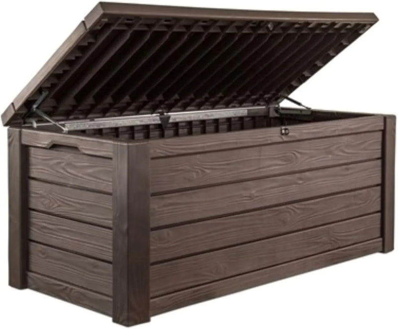 Outdoor storage deck box, 150-gallon resin deck storage box and bench, with wood-grain design, in brown color scheme E6