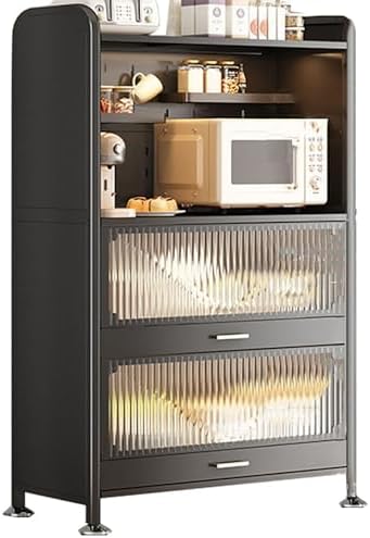 Wall Mounted Pegboard & Microwave Storage Rack - 4/5-Tier Kitchen Baker's Rack with Flip Dual Door Cabinet & Metal Shelves for Small Appliances & Kitchen Organization C0