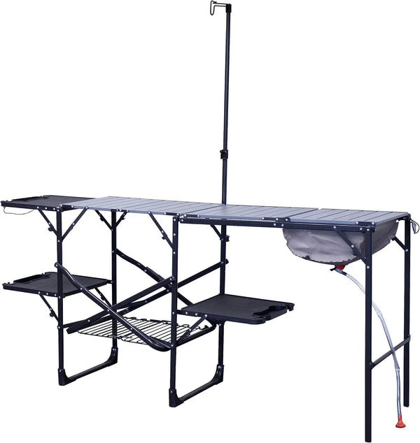 Outdoor chef station | Portable folding kitchen table, equipped with a soft-shell sink, heat-resistant tabletop and telescopic lamp pole, ideal for camping trips U6