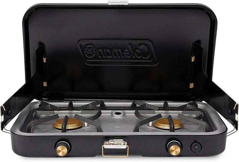 The 1900 series three-in-one propane camping stove, featuring a cast iron grill and frying pan accessories, has a power output of 24000 watts. It is equipped with an adjustable flame cover and excellent lighting device, and comes with two adjustable F4