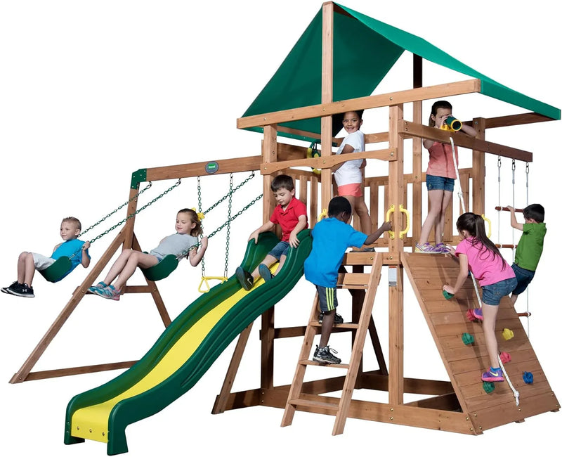 Mount Mckinley Cedar Wood Swing Set with Wave Slide, Play Deck, Double Rock Wall, Rope Ladder, Web Swing, Belt Swings, Toy Telescope, Steering Wheel, Sandbox Area, Outdoor Playset L6