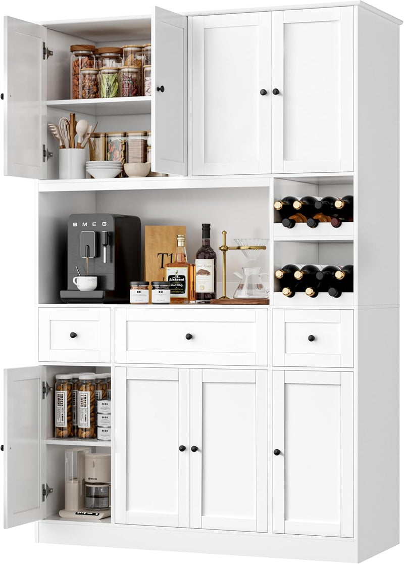 72" Tall Kitchen Pantry with Wine Rack, Pantry Cabinet with Microwave Stand, Large Hutch with Ample Storage, Hutch Cabinet for Kitchen, Dining, Living Room, White G0