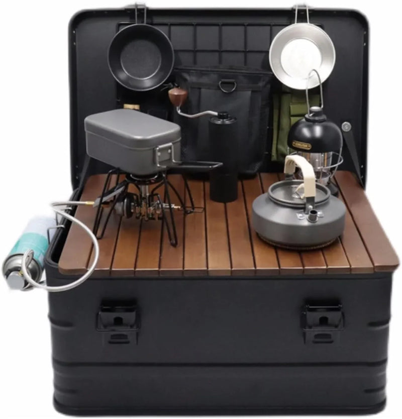 Camping box - Waterproof outdoor metal storage box, 47 liters, portable RV box, equipped with a wooden table and a set of 3 storage bags, large capacity storage box R3