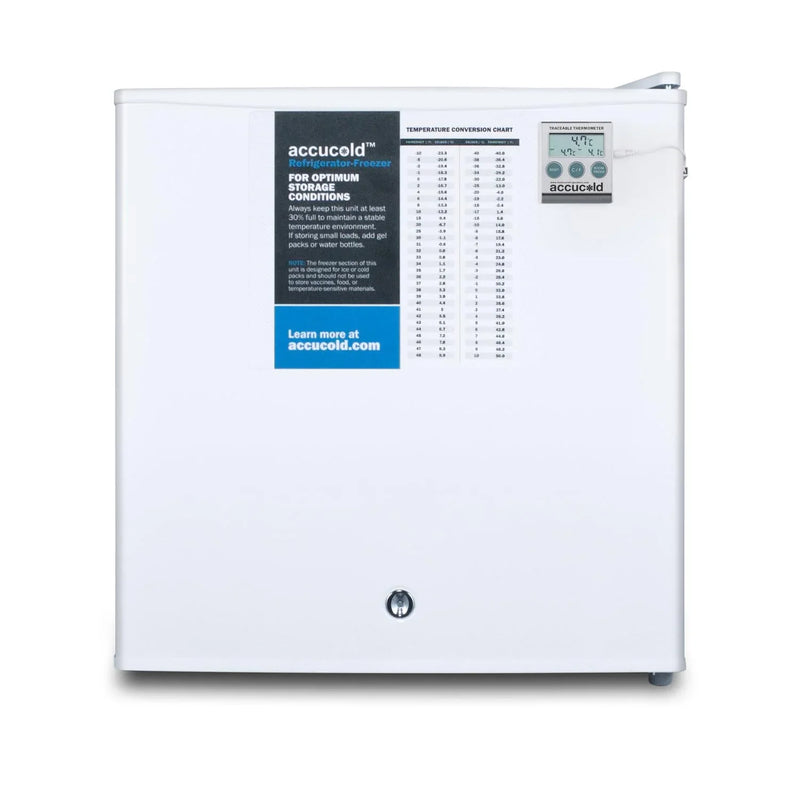 Compact refrigerator freezer, suitable for general use, with a white appearance, equipped with a NIST calibrated thermometer, manual defrosting device, hospital-grade power cord and front locking mechanism. X1