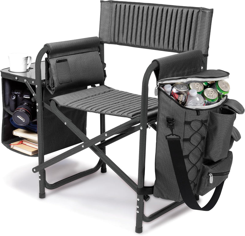 The "Picnic Time" brand's outdoor folding chairs with a unique design feature a grey base and a black frame. The dimensions are 33 x 7 x 21. A1