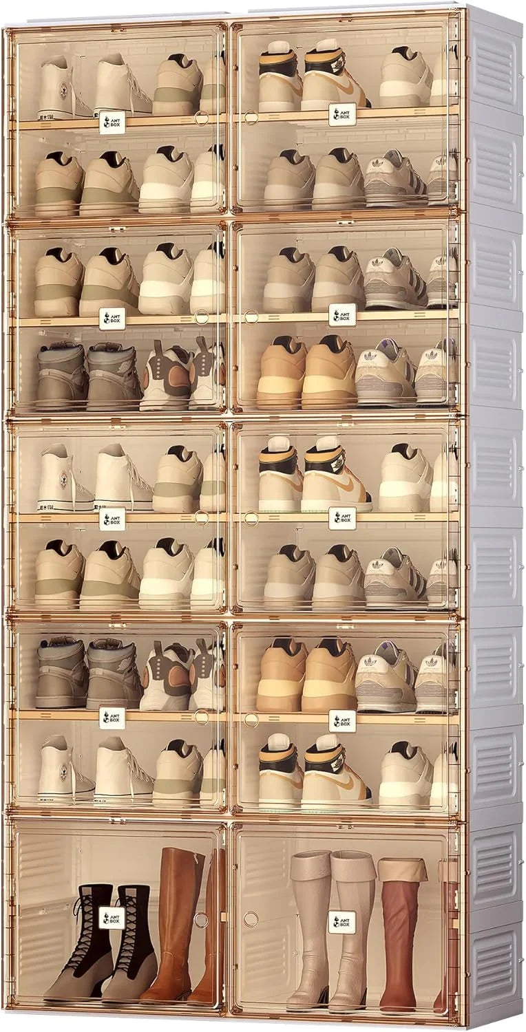 Portable shoe rack organizer, suitable for the entrance of the closet, stackable storage cabinet for sports shoes, shoe cabinet with magnetic transparent doors, large plastic storage container box (with lid), with 5 layers, can hold 20 pairs of shoes Q8