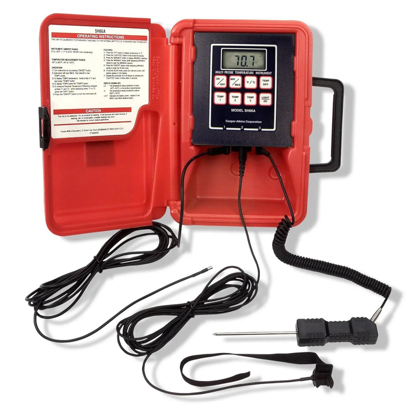 A thermoresistance thermometer with a liquid crystal display, in a red color, with a temperature range of -40°F to 300°F. F5