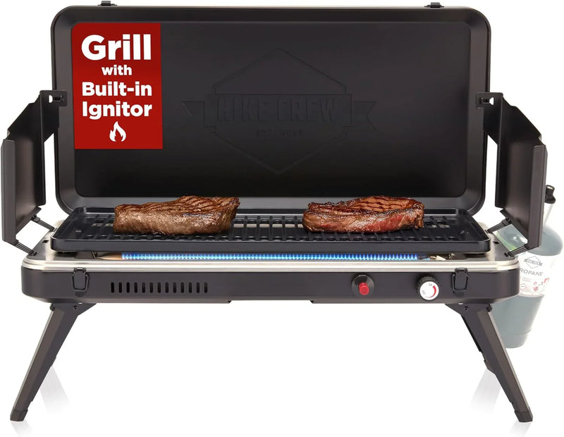 Gas camping barbecue grill | 13,000 watts | Portable liquefied gas burner | Foldable legs and feet | Integrated igniter and built-in regulator (with stainless steel drip tray) | Windproof panel and built-in handle F2