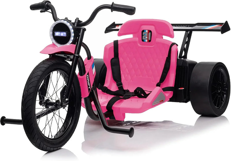 Children's electric drift tricycle, three-wheel electric drifting bicycle, equipped with LED lights, 16-inch inflatable tires, battery-powered, suitable for boys and girls aged 8 and above, outdoor electric driving vehicle (black) L7