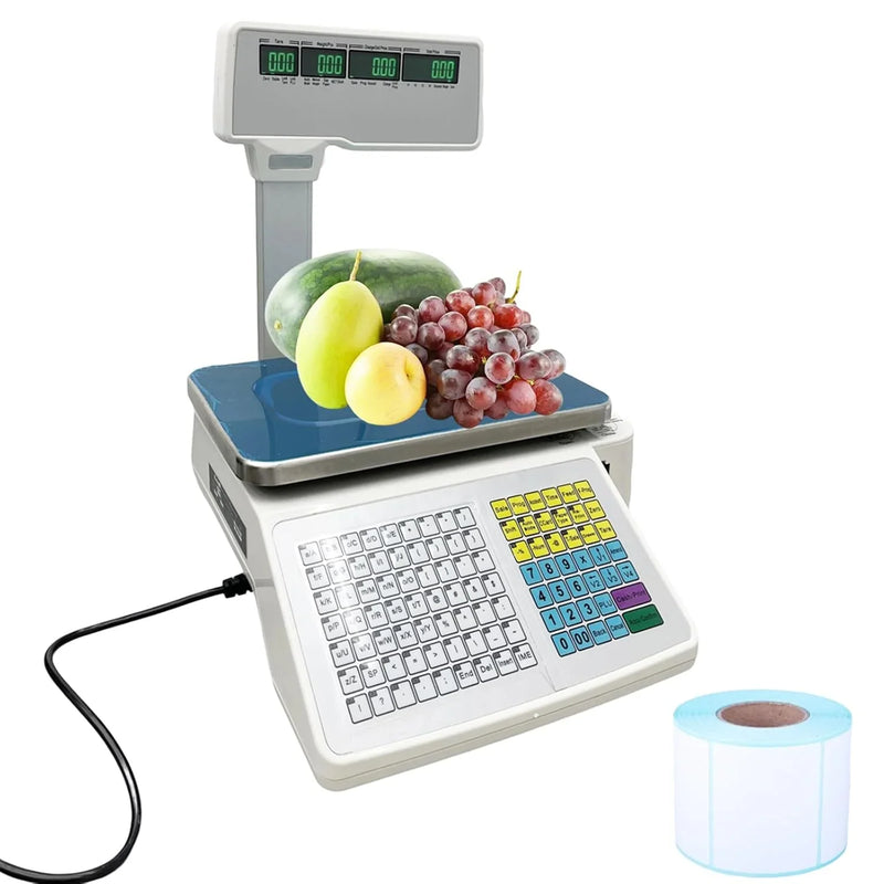 Commercial digital scale, equipped with thermal printer, 4 window vertical double-sided LCD display, capable of printing labels, maximum load capacity of 66 pounds, 110 volts, portable, suitable for storage areas, restaurants, bakeries R4