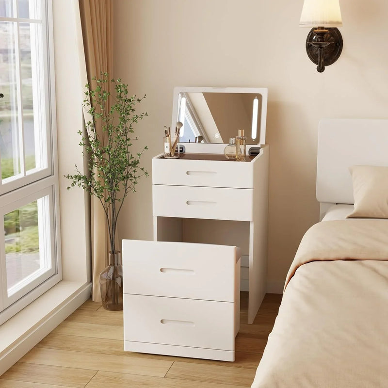 Solid Wood 3 in 1 Vanity Desk with Flip Top Mirror, No Assembly, Compact Vanity with Hidden Chair, Small Makeup Vanity Set with Power Outlet, Dressing Table for Bedroom, White S6