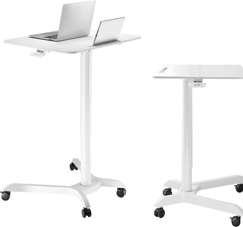 Portable laptop desk cart (3 feet 8 inches) - Mobile rolling desk - Computer projector cart - Adjustable height foldable mobile folding table - White mobile frame with brake wheels U0