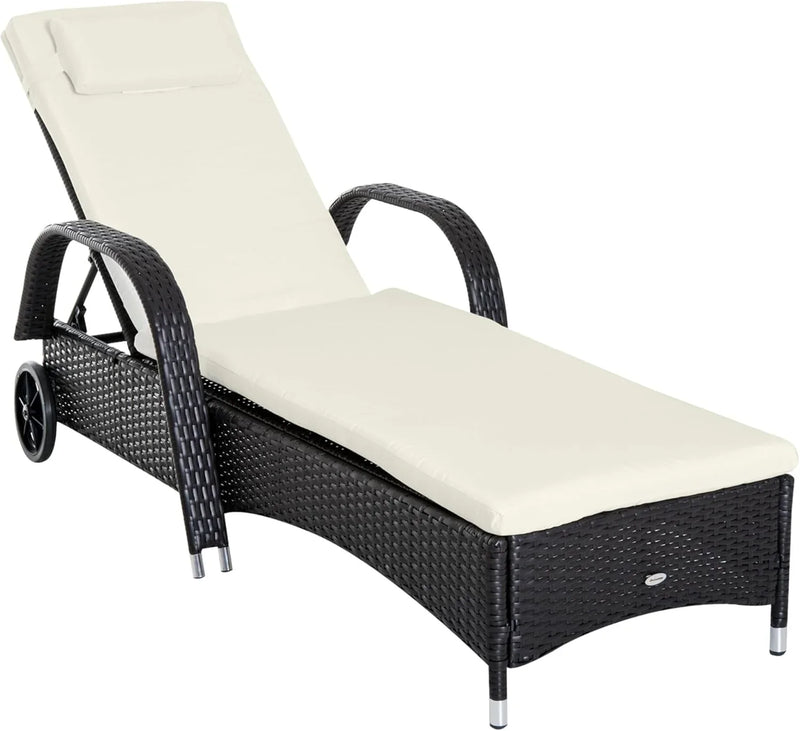 Wicker Outdoor Chaise Lounge, 5-Level Adjustable Backrest PE Rattan Pool Lounge Chair with Wheels, Cushion & Headrest, Brown and Dark Blue B4