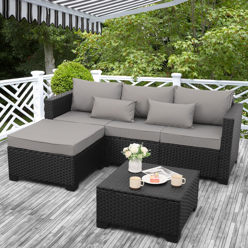 3 Pieces Patio Furniture Set with Ottoman and Outdoor Storage Table V5
