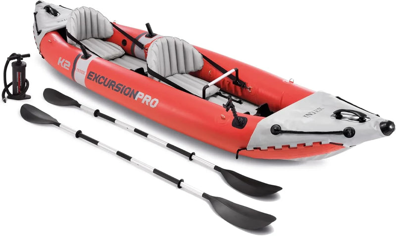 68309EP Excursion Pro K2 Inflatable Kayak Set: Includes Deluxe 86in Kayak Paddles and High-Output Pump – SuperTough PVC – Adjustable Bucket Seat – 2-Person – 400lb Weight Capacity R8
