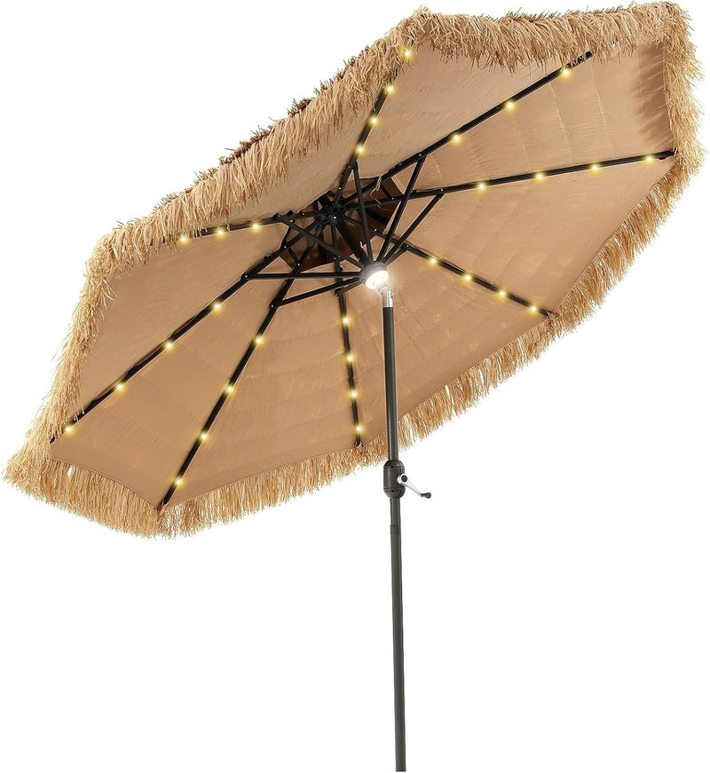 Mud-cloth style ti-ki courtyard shade umbrella - Two-layer Hawaiian lei-style inclined beach shade umbrella, equipped with 33 LED lights, 8 umbrella ribs and a rotatable lifting device, solar-powered lawn-type courtyard shade umbrella, tropical palm O9