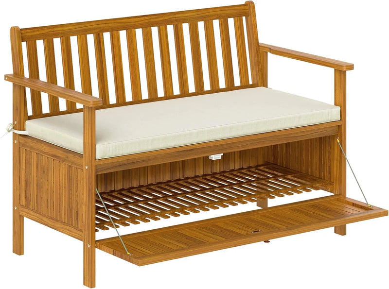 Outdoor bench with storage box, 28-gallon outdoor storage bench, garden seat made of rosewood with cushion, suitable for parks, balconies, and terraces, double-person outdoor furniture, made of teak material C2