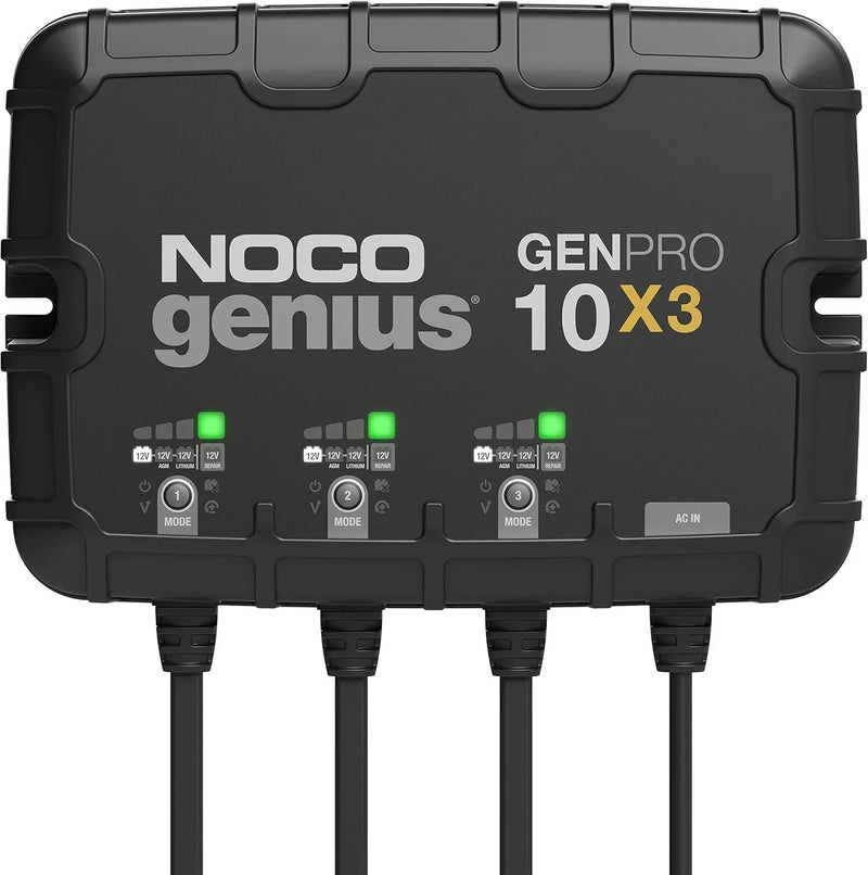 Three sets of batteries, 30-ampere built-in battery charger - Each set consists of 10-ampere, 12-volt waterproof marine charger, featuring overcharge protection and temperature compensation functions - Suitable for lead-acid batteries and lithium bat I5