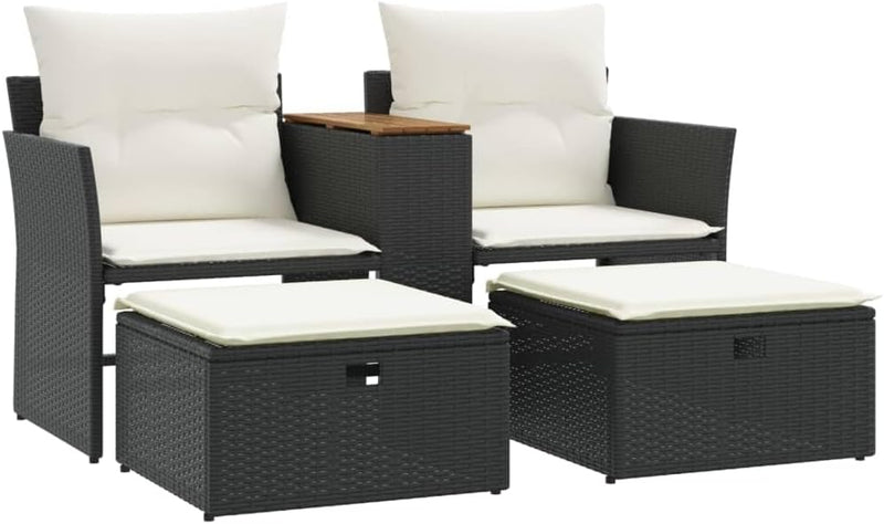 Multi-functional balcony sofa (for two people, with sunshade) - Black polyester wicker double-seat sofa, with built-in table, stool and washable cushion I2