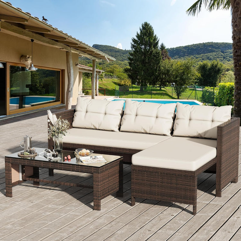 Outdoor Patio Furniture Sets, Wicker Patio sectional Sets 3-Piece, All Weather Wicker Rattan Patio Seating Sofas with Glass Coffee Table and Cushion (Beige) N7