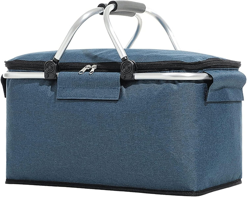 Folding Insulated Cooler Picnic Basket Portable Insulated Lunch Bag Large Lunch Bag with Aluminium Handles for Office Camping Hiking Outdoor Picnic H3