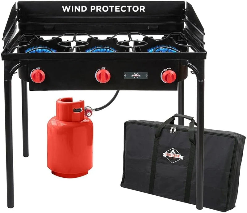 Dual-burner outdoor gas stove | 150,000 British thermal units portable propane stove, with blue flame control, detachable legs, temperature control knob, windproof panel, hose, regulator and storage box X9