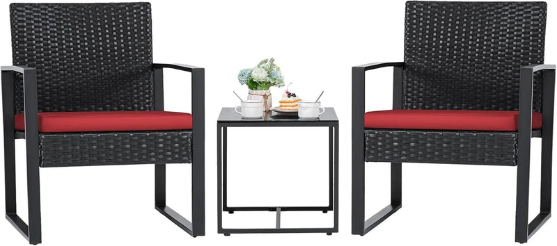 3 Pieces Patio Set Outdoor Wicker Furniture Sets Modern Rattan Chair Conversation Sets with Coffee Table for Yard and Bistro (Black) X8