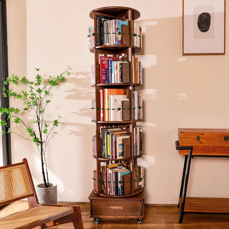 Solid wood rotating bookshelf, 360° display cabinet, with 1 drawer, rotating bookshelf tower with wheels, 72-inch high bookcase suitable for small spaces, rotating bookshelf for home office, walnut finish G9