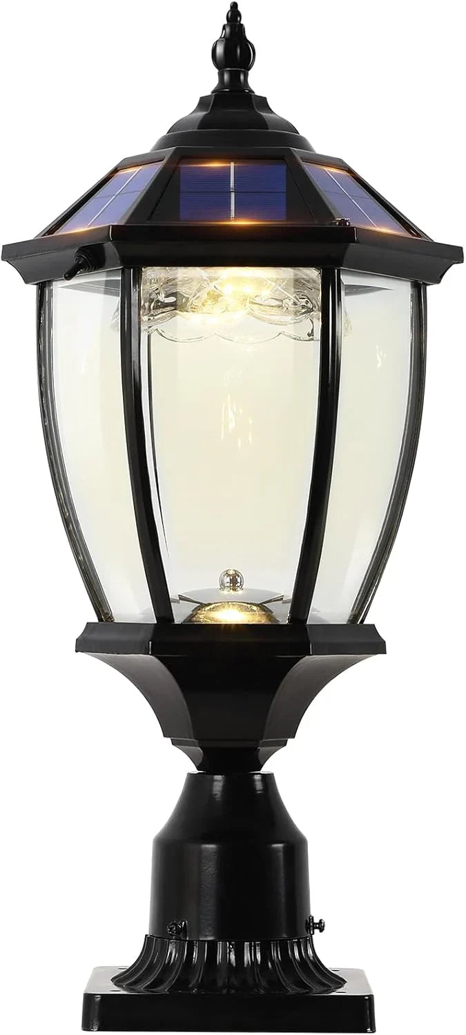 2-Heads Outdoor Solar Lamp Post Lights with Dusk to Dawn Sensor, Classic Exterior Solar Pole Lights with Waterproof, Black Street Lights with Clear Glass for Garden, Patio, Pathway, Driveway F5