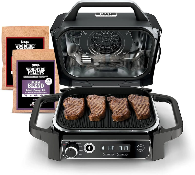 The wood-fire professional outdoor grill is equipped with an internal thermometer. It is a 7-in-one multi-functional grill, a barbecue smoker, an outdoor air fryer, featuring baking, roasting, dehydrating and grilling functions. It adopts the wood-fi V5