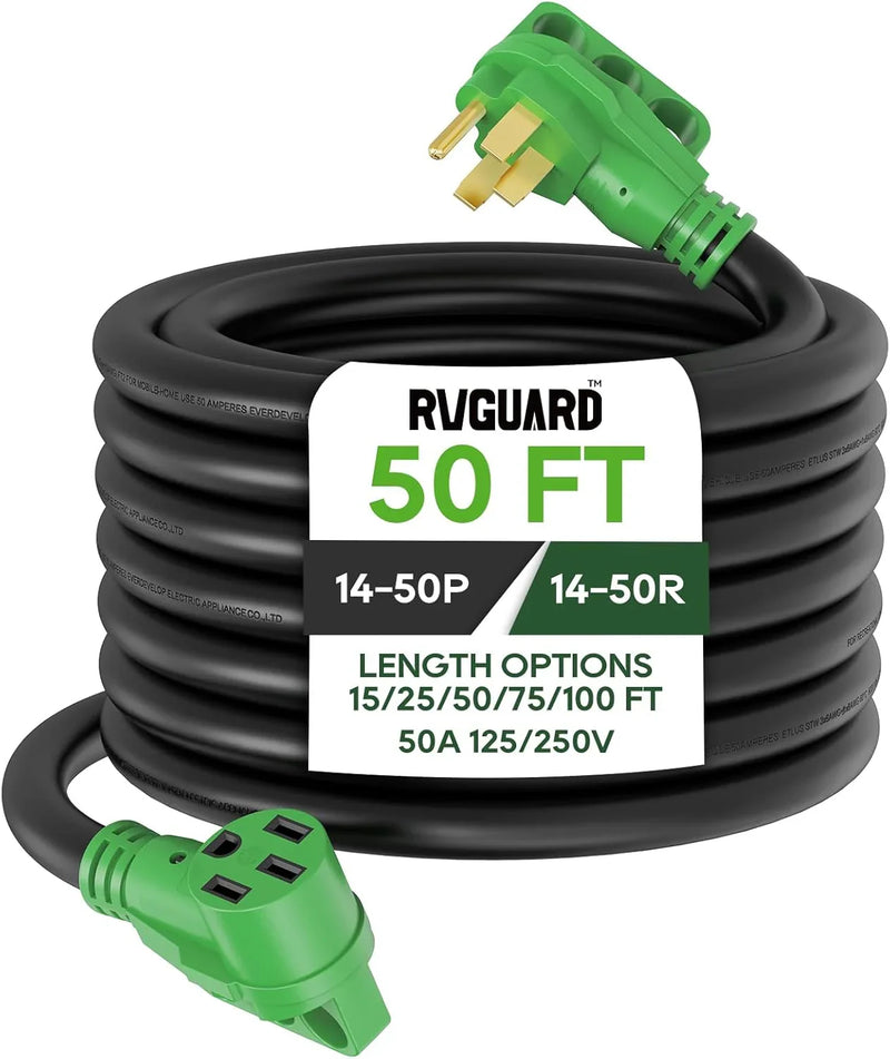 50 Amp 50 Foot RV/EV Extension Cord, NEMA 14-50P/R Heavy Duty Extension Cord with LED Power Indicator and Cord Organizer, Green, ETL Listed P6