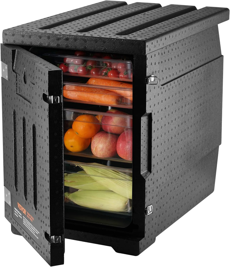 Food tray transportation box, 95-gallon insulated box for the catering industry, LLDPE food tray box with double clasps, front-mounted food heater with handle, suitable for stacking end loaders in restaurants, canteens, etc. black A8