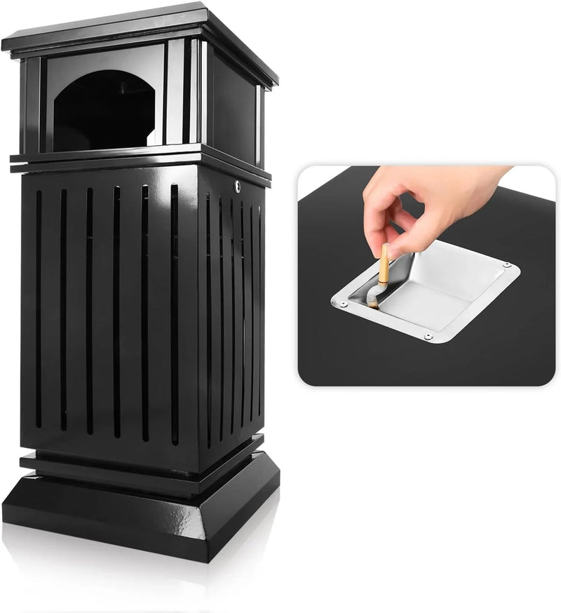 Outdoor trash bin top tray matte black stainless steel commercial waste storage box with lock cover. Heavy-duty industrial garden garage garbage container, dimensions: 35.5 * 15.8 * 15.8 inches. W6